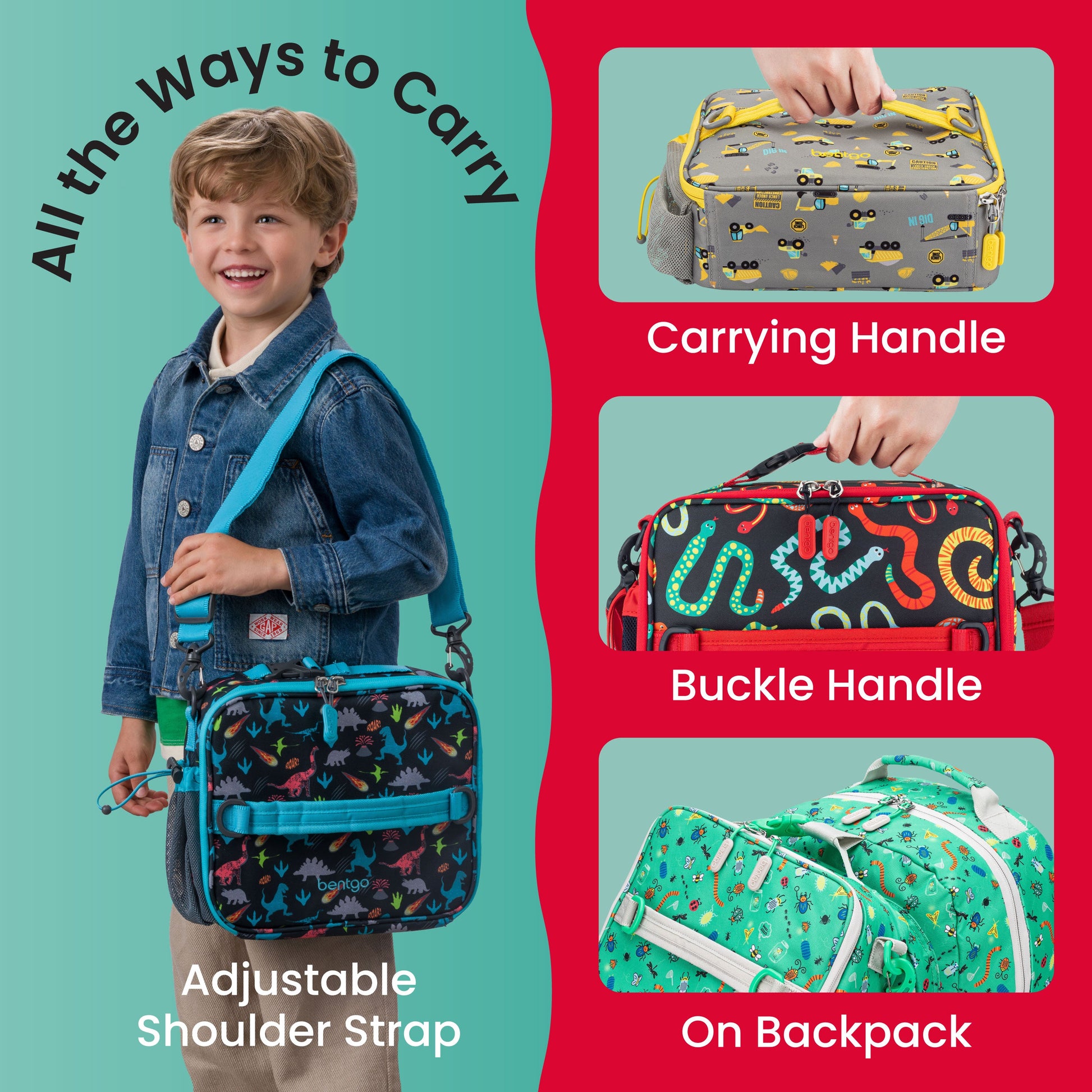 Bentgo Kids Prints Lunch Bag - Sssnakes | All The Ways To Carry - Carrying Handle, Buckle Handle, On Backpack, And Adjustable Shoulder Strap