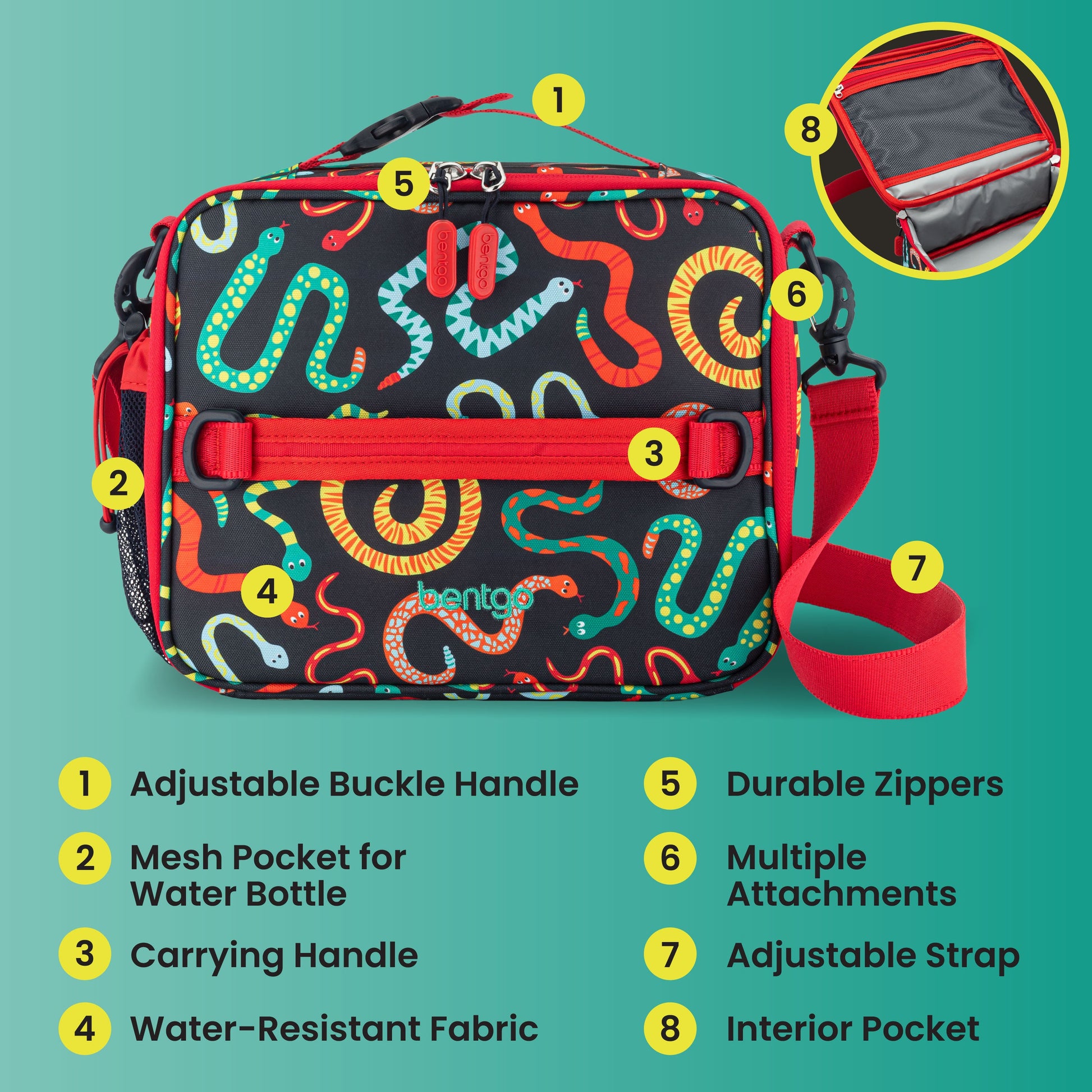 Bentgo Kids Prints Lunch Bag - Sssnakes | Adjustable Buckle Handle, Mesh Pocket For Water Bottle, Carrying Handle,Water-Resistant Fabric, Durable Zipper, Multiple Attachments, Adjustable Strap, And Interior Pocket