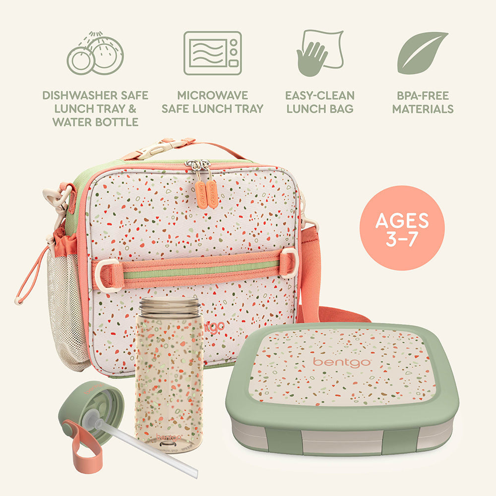 Bentgo Kids Whimsy & Wonder Prints Pack - Geo Speckle | Dishwasher Safe Lunch Tray & Water Bottle, Microwave Safe Lunch Tray, Easy-Clean Lunch Bag, And BPA-Free Materials