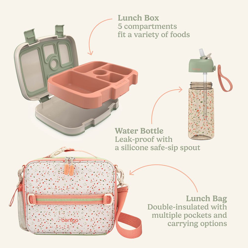 Bentgo Kids Whimsy & Wonder Prints Pack - Geo Speckle | Lunch Box, Water Bottle, And Lunch Bag