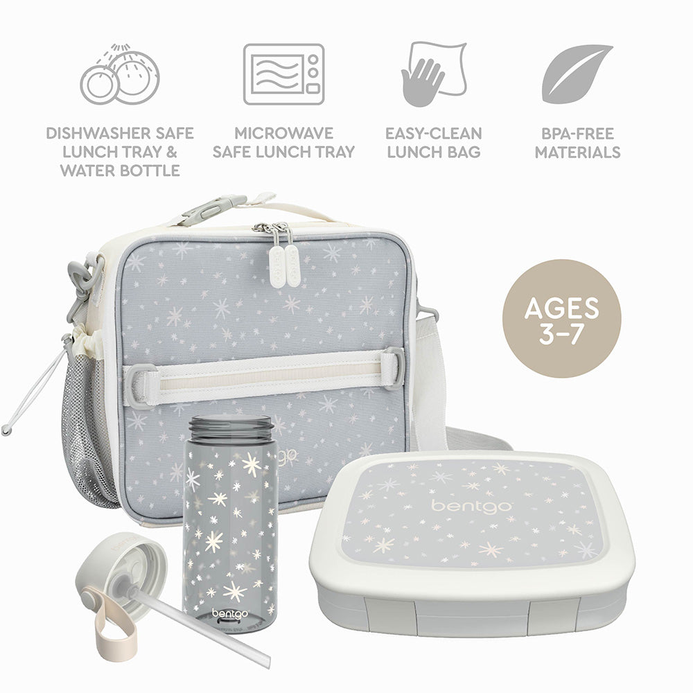 Bentgo Kids Whimsy & Wonder Prints Pack - Starry Sprinkle | Dishwasher Safe Lunch Tray & Water Bottle, Microwave Safe Lunch Tray, Easy-Clean Lunch Bag, And BPA-Free Materials