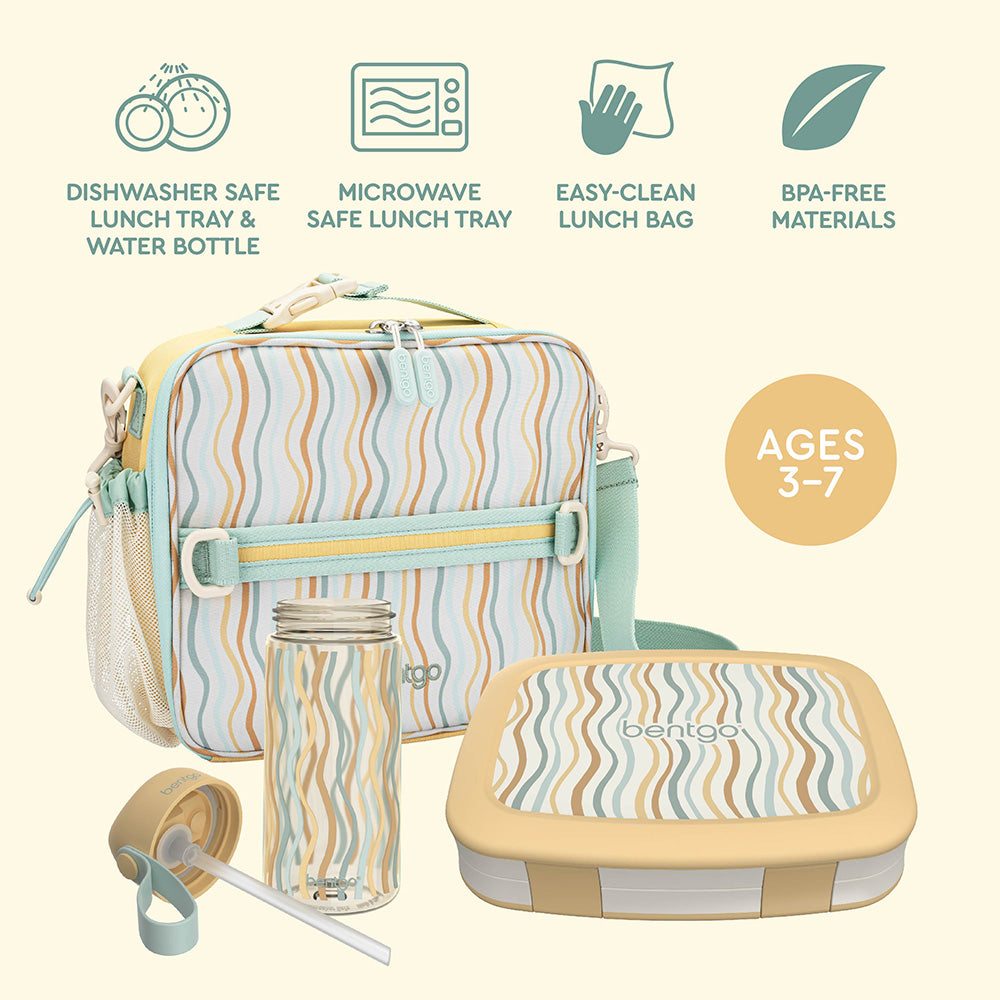 Bentgo Kids Whimsy & Wonder Prints Pack - Wavy | Dishwasher Safe Lunch Tray & Water Bottle, Microwave Safe Lunch Tray, Easy-Clean Lunch Bag, And BPA-Free Materials