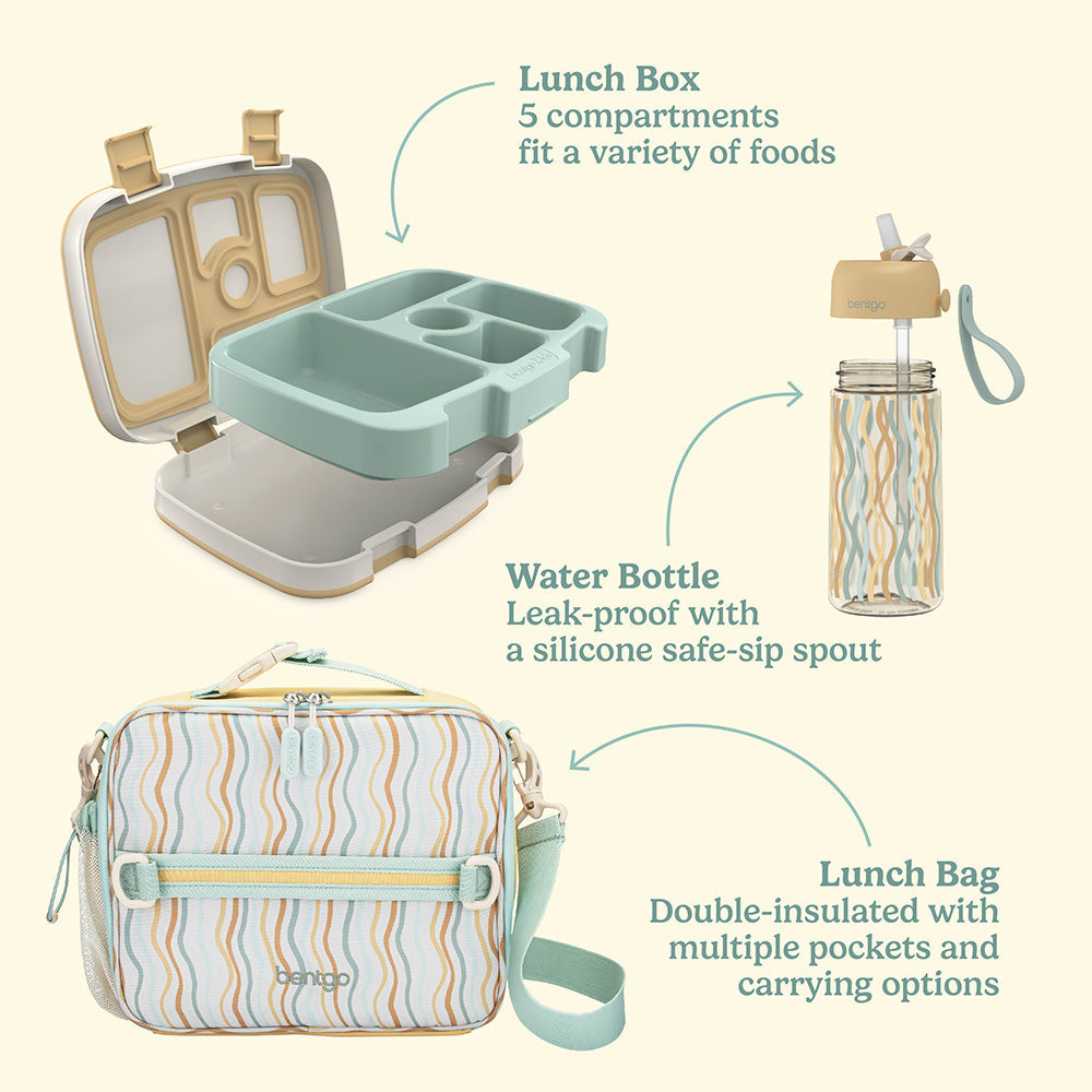 Bentgo Kids Whimsy & Wonder Prints Pack - Wavy | Lunch Box And Water Bottle Dimensions + What’s In The Box