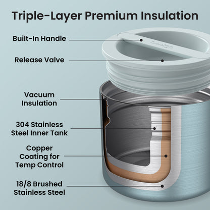 Bentgo® Stainless Steel Insulated Food Container - Aqua | Triple-Layer Premium Insulation - Built-In Handle, Release Valve, Vacuum Insulation, 304 Stainless Steel Inner Tank, Copper Coating for Temp Control, And 18/8 Brushed Stainless Steel