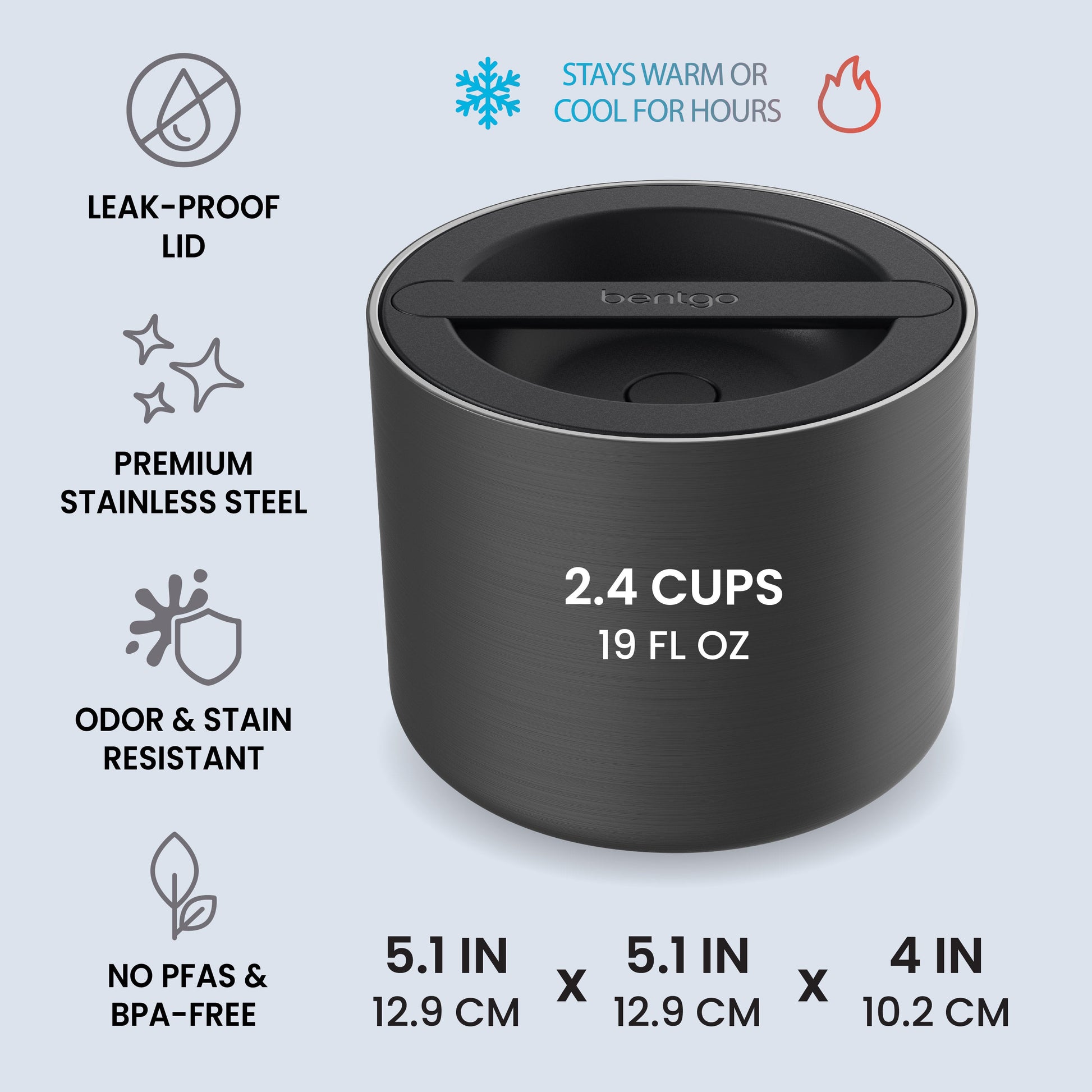 Bentgo® Stainless Steel Insulated Food Container - Carbon Black | Leak-Proof Lid, Premium Stainless Steel, Odor & Stain Resistant, No PFAs & BPA-Free