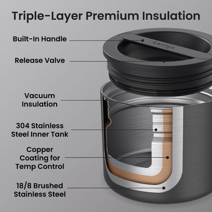 Bentgo® Stainless Steel Insulated Food Container - Carbon Black | Triple-Layer Premium Insulation - Built-In Handle, Release Valve, Vacuum Insulation, 304 Stainless Steel Inner Tank, Copper Coating for Temp Control, And 18/8 Brushed Stainless Steel