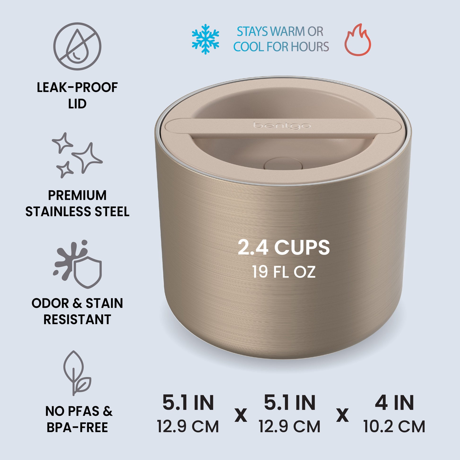 Bentgo® Stainless Steel Insulated Food Container - Gold | Leak-Proof Lid, Premium Stainless Steel, Odor & Stain Resistant, No PFAs & BPA-Free