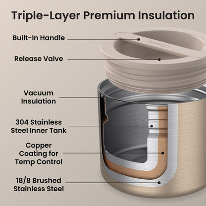 Bentgo® Stainless Steel Insulated Food Container - Gold | Triple-Layer Premium Insulation - Built-In Handle, Release Valve, Vacuum Insulation, 304 Stainless Steel Inner Tank, Copper Coating for Temp Control, And 18/8 Brushed Stainless Steel