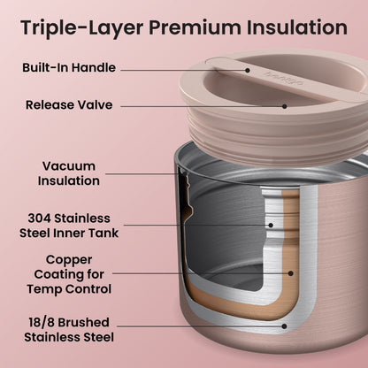 Bentgo® Stainless Steel Insulated Food Container - Rose Gold | Triple-Layer Premium Insulation - Built-In Handle, Release Valve, Vacuum Insulation, 304 Stainless Steel Inner Tank, Copper Coating for Temp Control, And 18/8 Brushed Stainless Steel