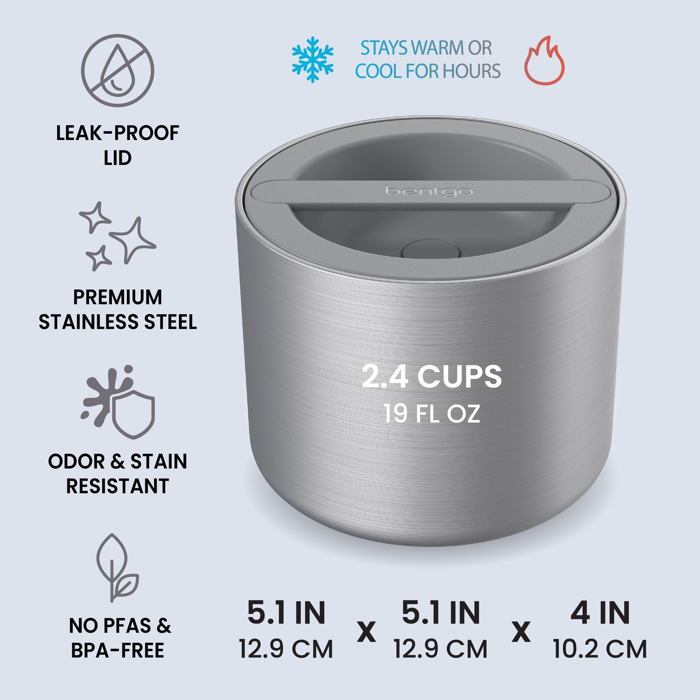 Bentgo® Stainless Steel Insulated Food Container - Stainless Steel | Leak-Proof Lid, Premium Stainless Steel, Odor & Stain Resistant, No PFAs & BPA-Free
