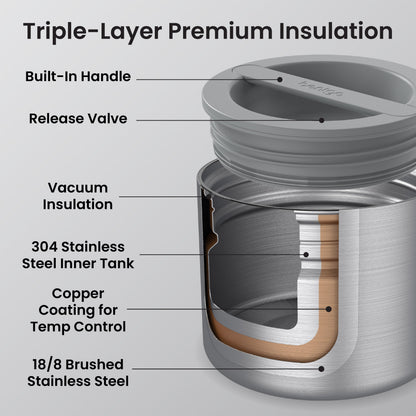 Bentgo® Stainless Steel Insulated Food Container - Stainless Steel | Triple-Layer Premium Insulation - Built-In Handle, Release Valve, Vacuum Insulation, 304 Stainless Steel Inner Tank, Copper Coating for Temp Control, And 18/8 Brushed Stainless Steel