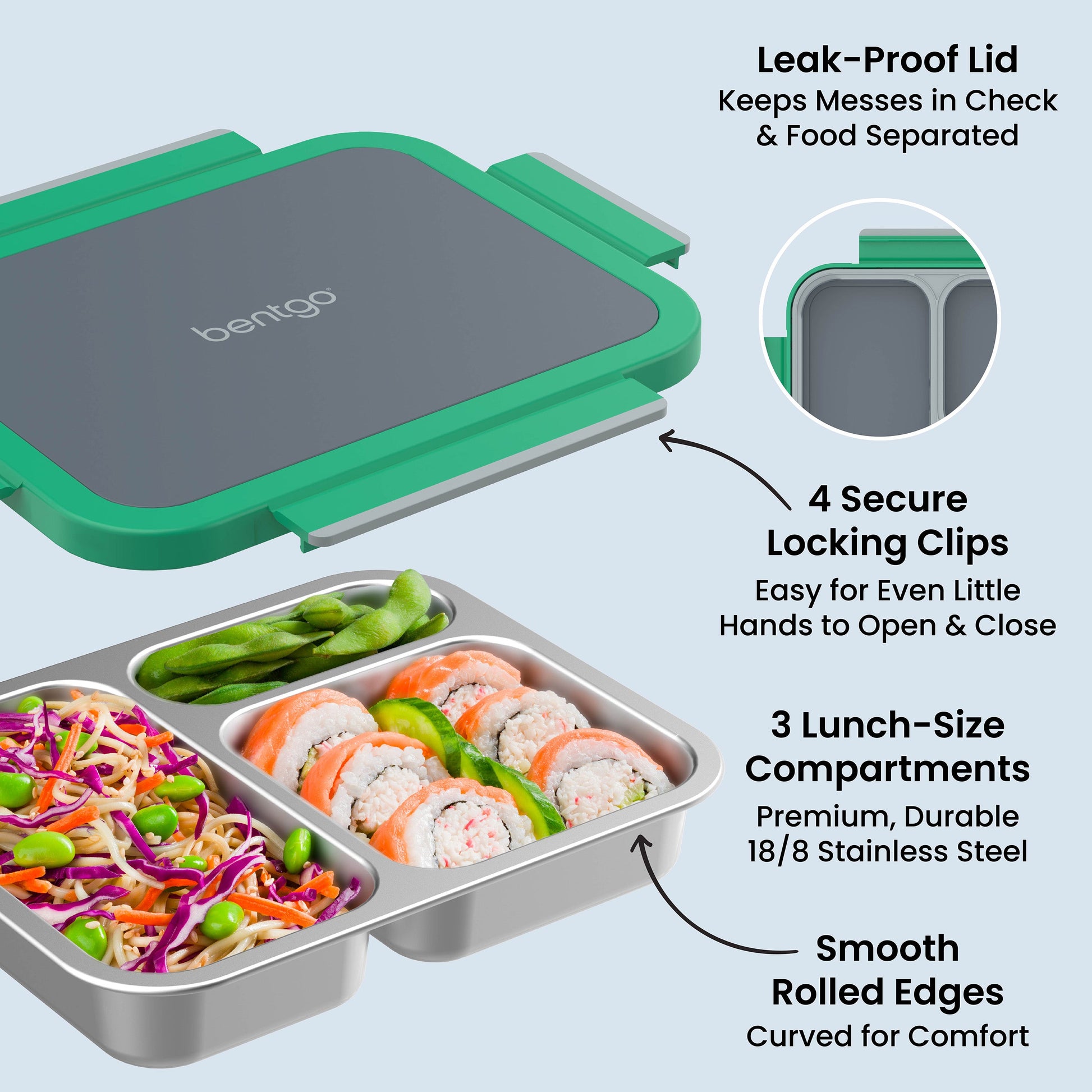 Bentgo Stainless Steel Snack Box - Gray Leaf | Leak-Proof Lid - Keeps Messes In Check & Food Separated, 4 Secure Locking Clips - Easy For Even Little Hands To Open & Close, 3 Lunch-Size Compartments - Premium, Durable 18/8 Stainless Steel, And Smooth Rolled Edges - Curved For Comfort