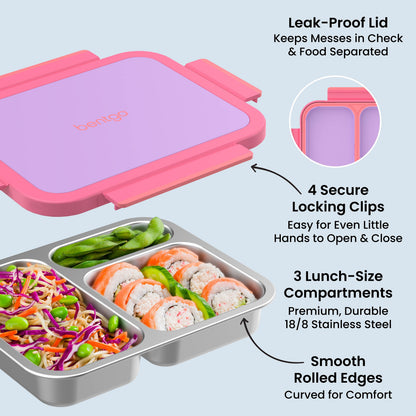 Bentgo Stainless Steel Snack Box - Lilac Pink | Leak-Proof Lid - Keeps Messes In Check & Food Separated, 4 Secure Locking Clips - Easy For Even Little Hands To Open & Close, 3 Lunch-Size Compartments - Premium, Durable 18/8 Stainless Steel, And Smooth Rolled Edges - Curved For Comfort