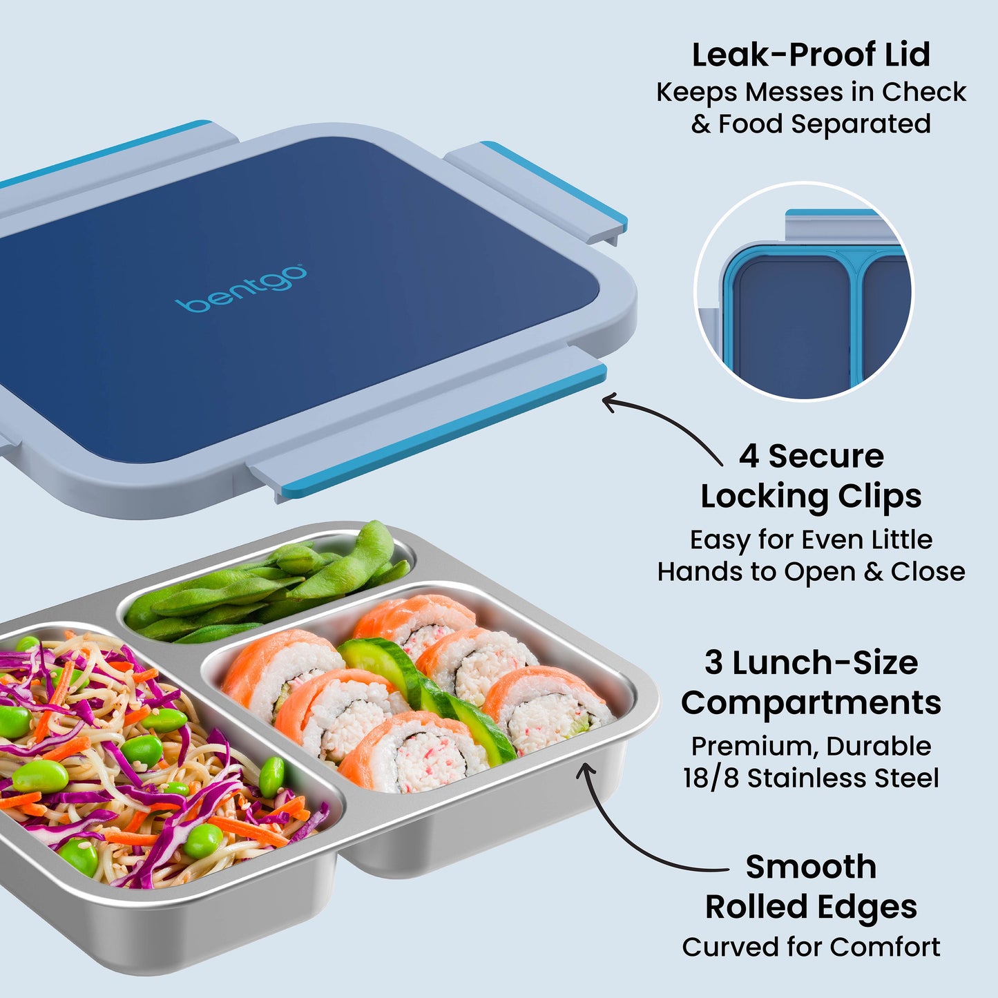 Bentgo Stainless Steel Snack Box - Navy Sky | Leak-Proof Lid - Keeps Messes In Check & Food Separated, 4 Secure Locking Clips - Easy For Even Little Hands To Open & Close, 3 Lunch-Size Compartments - Premium, Durable 18/8 Stainless Steel, And Smooth Rolled Edges - Curved For Comfort