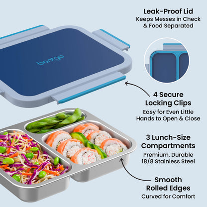 Bentgo Stainless Steel Snack Box - Navy Sky | Leak-Proof Lid - Keeps Messes In Check & Food Separated, 4 Secure Locking Clips - Easy For Even Little Hands To Open & Close, 3 Lunch-Size Compartments - Premium, Durable 18/8 Stainless Steel, And Smooth Rolled Edges - Curved For Comfort