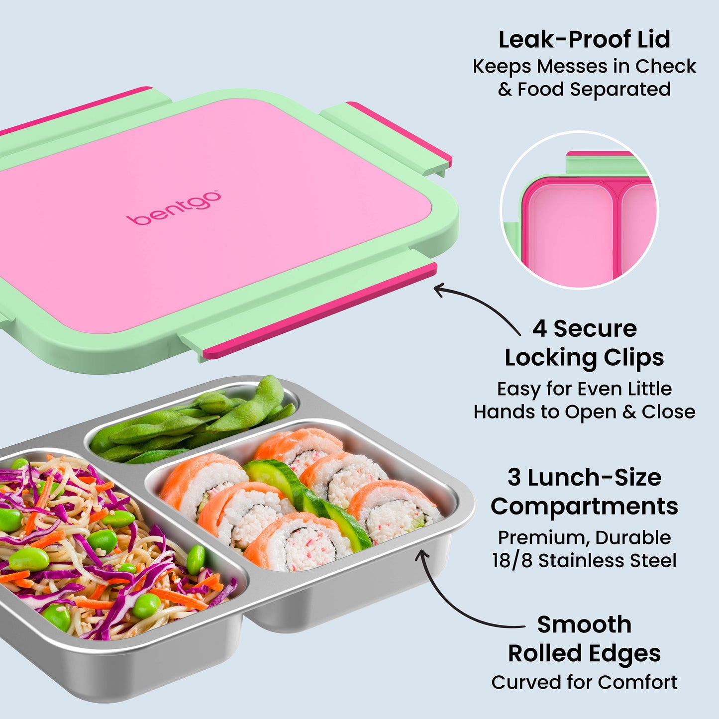 Bentgo Stainless Steel Snack Box - Strawberry | Leak-Proof Lid - Keeps Messes In Check & Food Separated, 4 Secure Locking Clips - Easy For Even Little Hands To Open & Close, 3 Lunch-Size Compartments - Premium, Durable 18/8 Stainless Steel, And Smooth Rolled Edges - Curved For Comfort