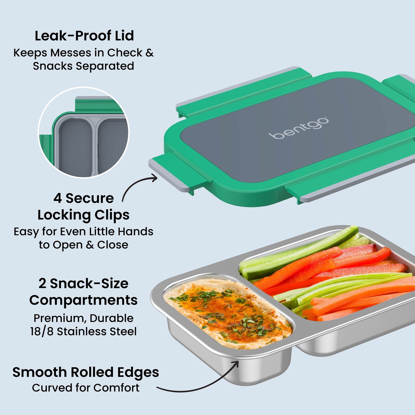 Bentgo Stainless Steel Snack Box - Gray Leaf | Leak-Proof Lid - Keeps Messes In Check & Snacks Separated, 4 Secure Locking Clips - Easy For Even Little Hands To Open & Close, 2 Snack-Size Compartments - Premium, Durable 18/8 Stainless Steel, And Smooth Rolled Edges - Curved For Comfort