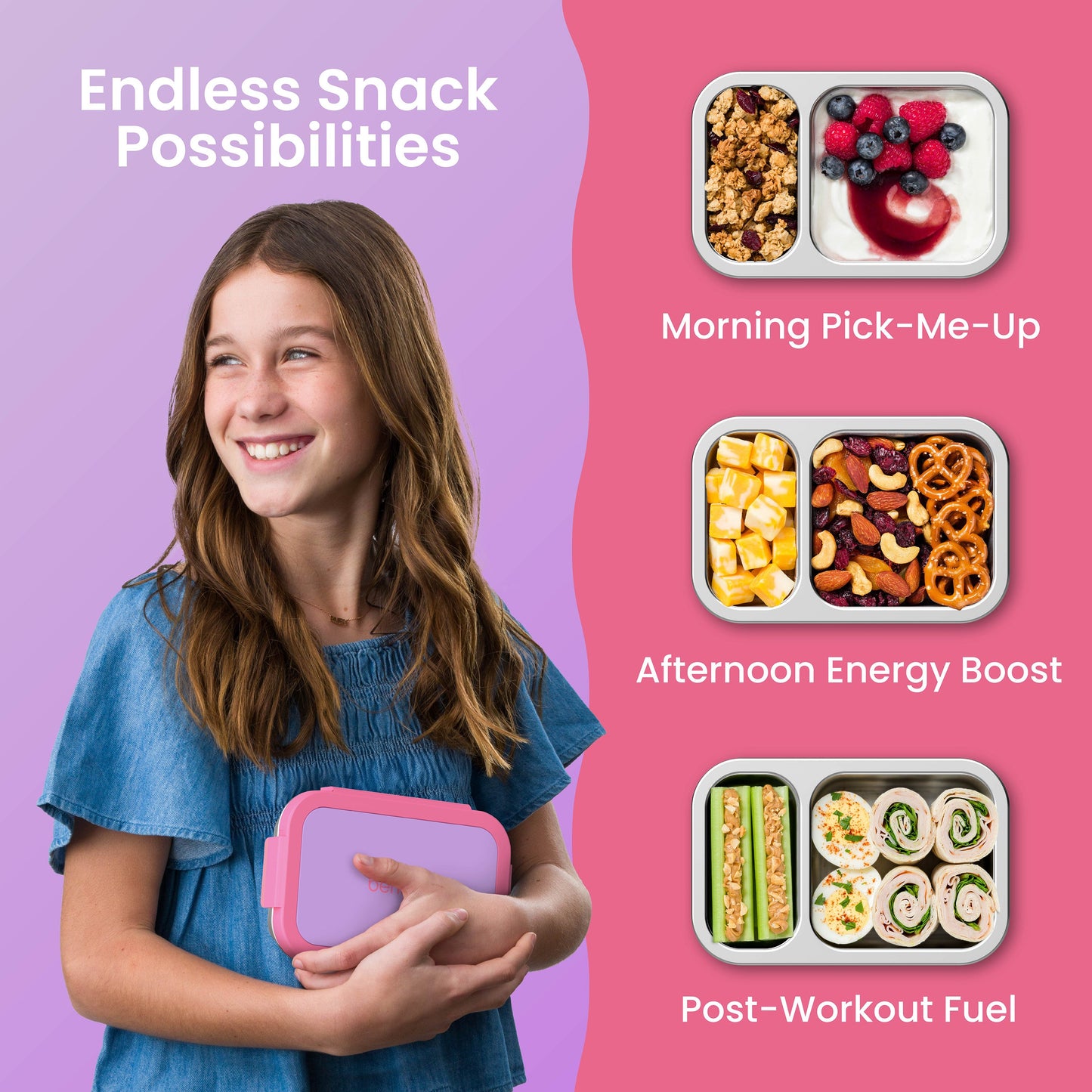 Bentgo Stainless Steel Snack Box - Lilac Pink | Endless Snack Possibilities - Morning Pick-Me-Up, Afternoon Energy Boost, And Post-Workout Fuel