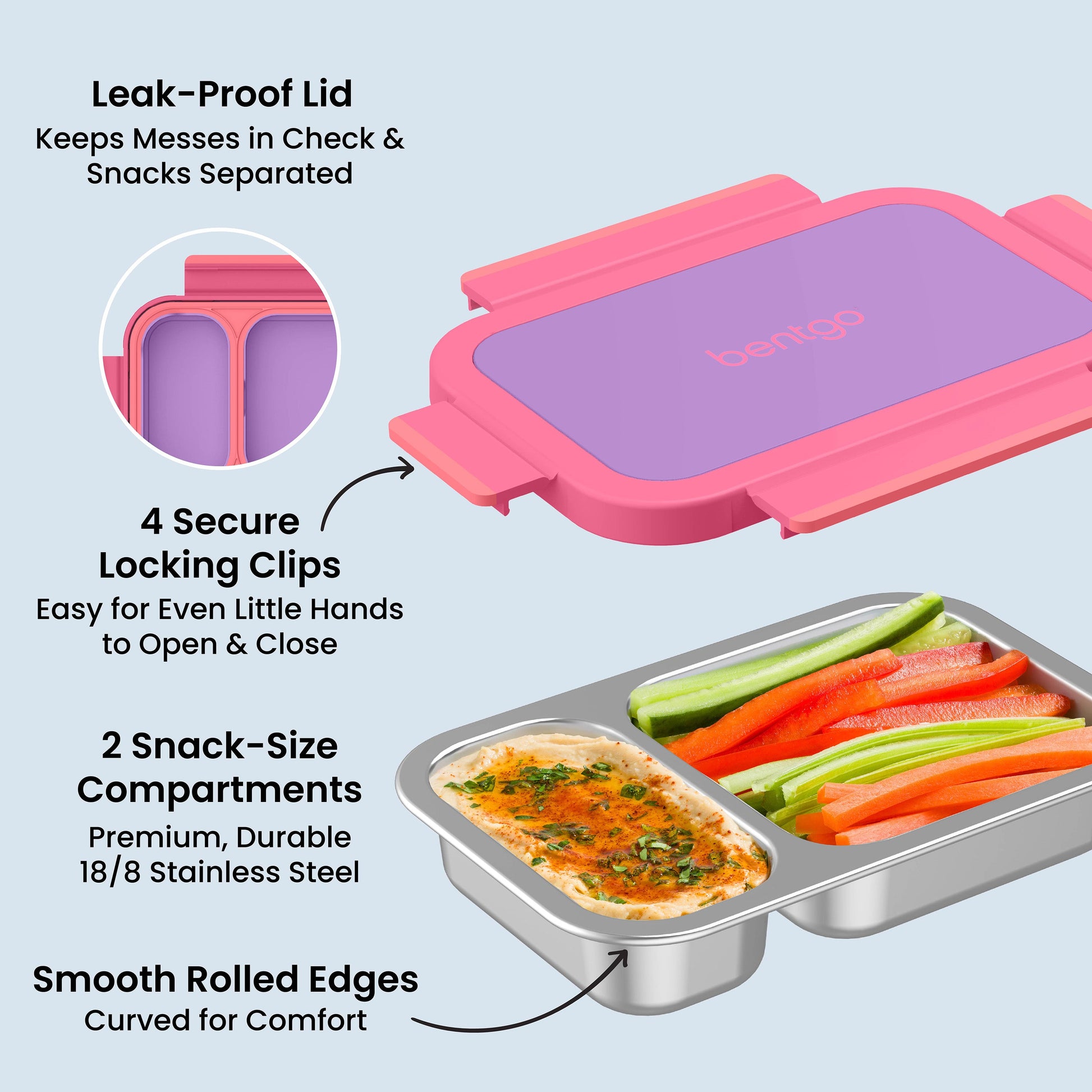 Bentgo Stainless Steel Snack Box - Lilac Pink | Leak-Proof Lid - Keeps Messes In Check & Snacks Separated, 4 Secure Locking Clips - Easy For Even Little Hands To Open & Close, 2 Snack-Size Compartments - Premium, Durable 18/8 Stainless Steel, And Smooth Rolled Edges - Curved For Comfort
