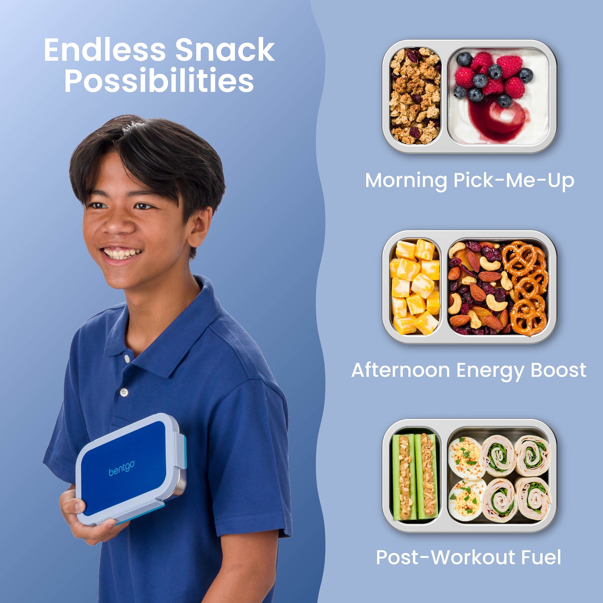 Bentgo Stainless Steel Snack Box - Navy Sky | Endless Snack Possibilities - Morning Pick-Me-Up, Afternoon Energy Boost, And Post-Workout Fuel