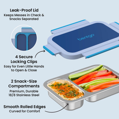 Bentgo Stainless Steel Snack Box - Navy Sky | Leak-Proof Lid - Keeps Messes In Check & Snacks Separated, 4 Secure Locking Clips - Easy For Even Little Hands To Open & Close, 2 Snack-Size Compartments - Premium, Durable 18/8 Stainless Steel, And Smooth Rolled Edges - Curved For Comfort