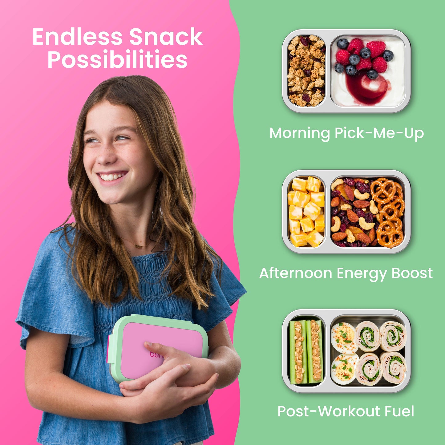 Bentgo Stainless Steel Snack Box - Strawberry | Endless Snack Possibilities - Morning Pick-Me-Up, Afternoon Energy Boost, And Post-Workout Fuel