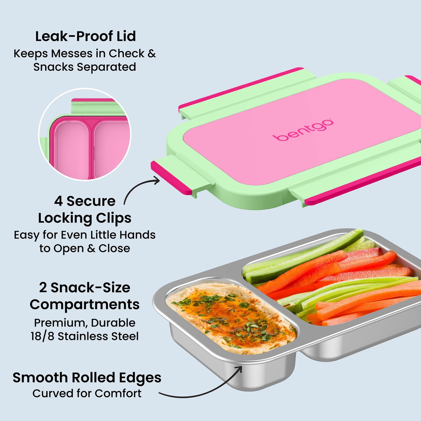 Bentgo Stainless Steel Snack Box - Strawberry | Leak-Proof Lid - Keeps Messes In Check & Snacks Separated, 4 Secure Locking Clips - Easy For Even Little Hands To Open & Close, 2 Snack-Size Compartments - Premium, Durable 18/8 Stainless Steel, And Smooth Rolled Edges - Curved For Comfort