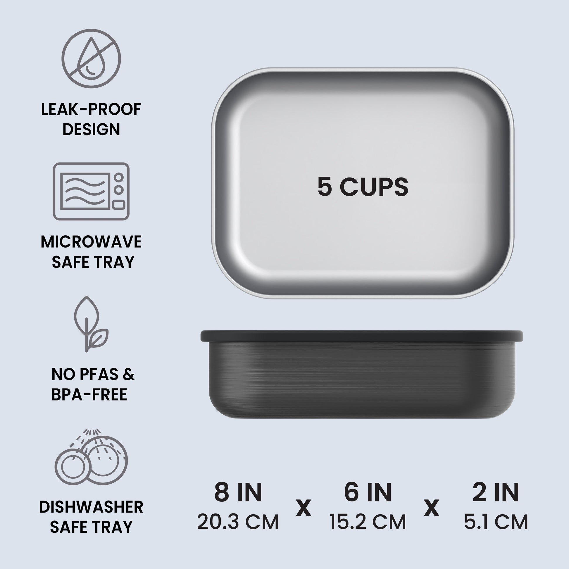 Bentgo® MicroSteel Lunch Box - Carbon Black | Leak-Proof Design, Microwave Safe Tray, No PFAs & BPA-Free, And Dishwasher Safe Tray | Product Dimensions
