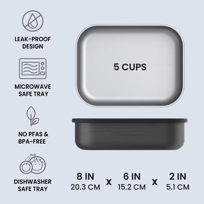 Bentgo® MicroSteel Lunch Box - Carbon Black | Leak-Proof Design, Microwave Safe Tray, No PFAs & BPA-Free, And Dishwasher Safe Tray | Product Dimensions