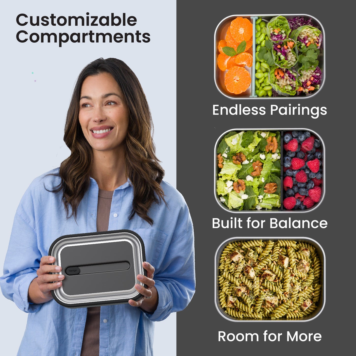 Bentgo® MicroSteel Lunch Box - Carbon Black | Customizable Compartments - Endless Pairings, Built For Balance, And Room For More