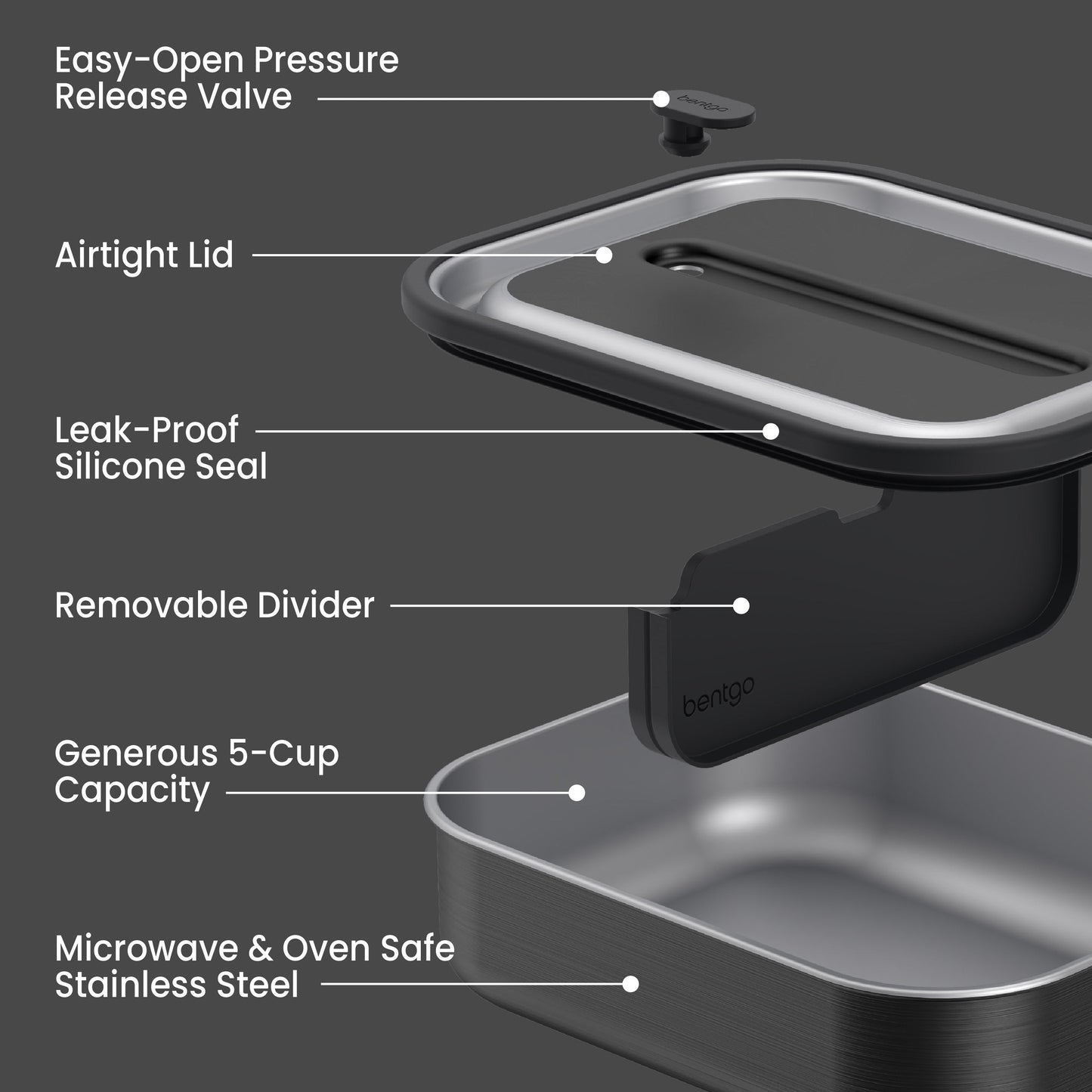 Bentgo® MicroSteel Lunch Box - Carbon Black | Easy-Open Pressure Release Valve, Airtight Lid, Leak-Proof Silicone Seal, Removable Divider, Generous 5-Cup Capacity, And Microwave & Oven Safe Stainless Steel