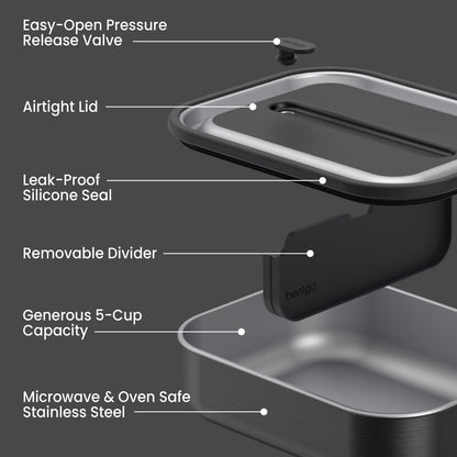 Bentgo® MicroSteel Lunch Box - Carbon Black | Easy-Open Pressure Release Valve, Airtight Lid, Leak-Proof Silicone Seal, Removable Divider, Generous 5-Cup Capacity, And Microwave & Oven Safe Stainless Steel