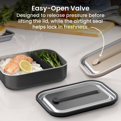 Bentgo® MicroSteel Lunch Box - Carbon Black | Easy-Open Valve - Designed To Release Pressure Before Lifting The Lid, While The Airtight Seal Helps Lock In Freshness