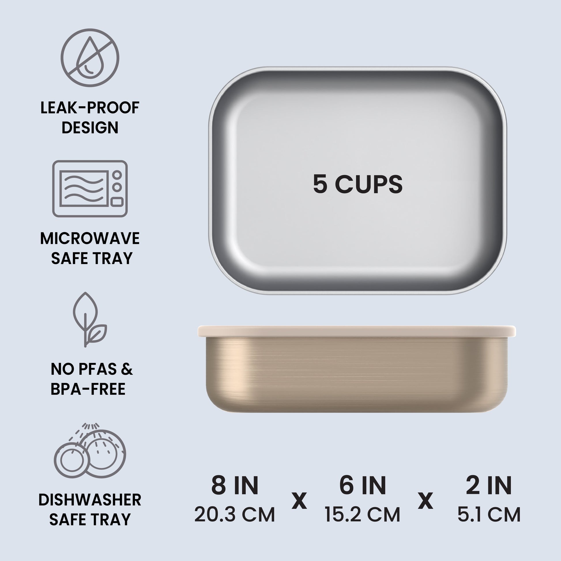 Bentgo® MicroSteel Lunch Box - Gold | Leak-Proof Design, Microwave Safe Tray, No PFAs & BPA-Free, And Dishwasher Safe Tray | Product Dimensions