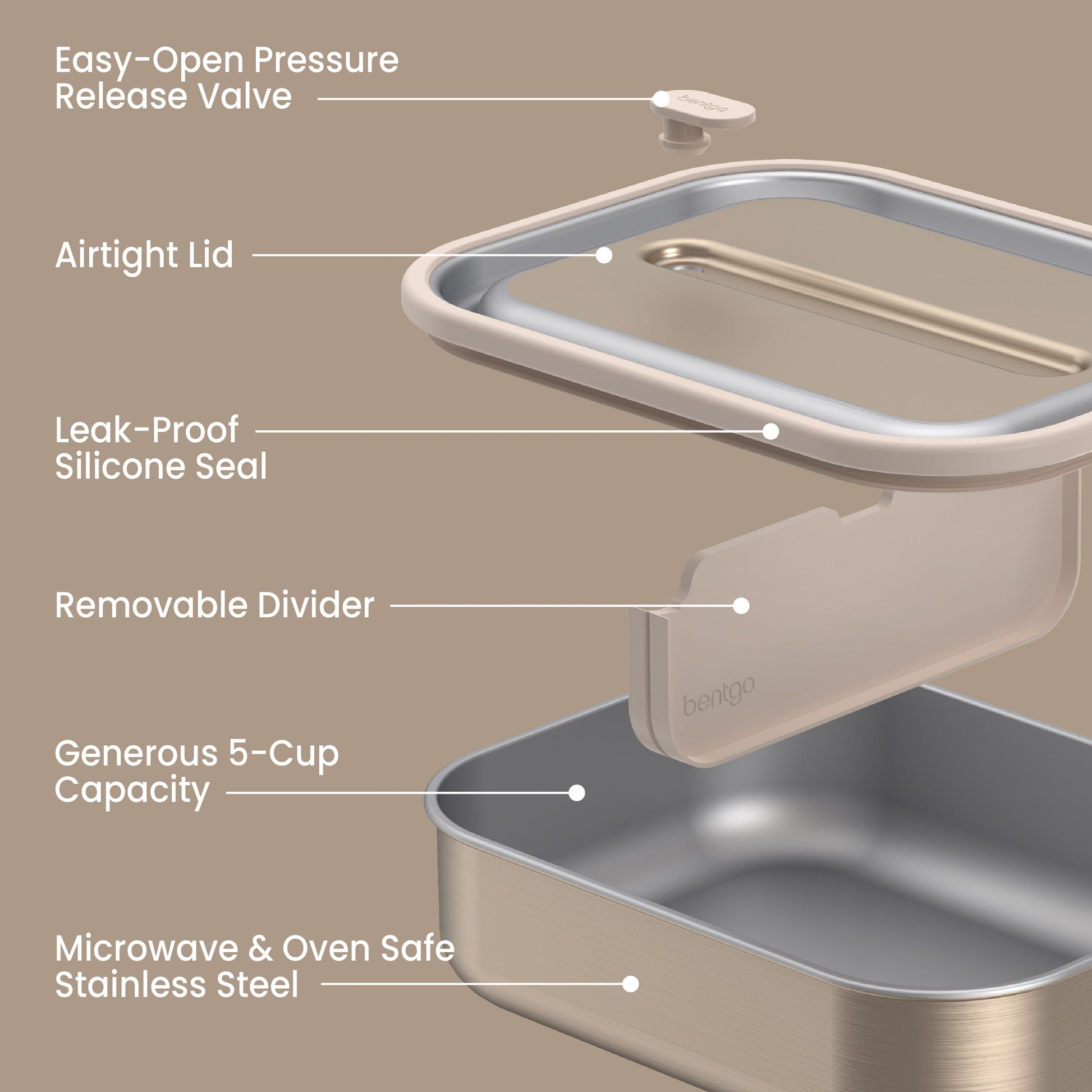Bentgo® MicroSteel Lunch Box - Gold | Easy-Open Pressure Release Valve, Airtight Lid, Leak-Proof Silicone Seal, Removable Divider, Generous 5-Cup Capacity, And Microwave & Oven Safe Stainless Steel