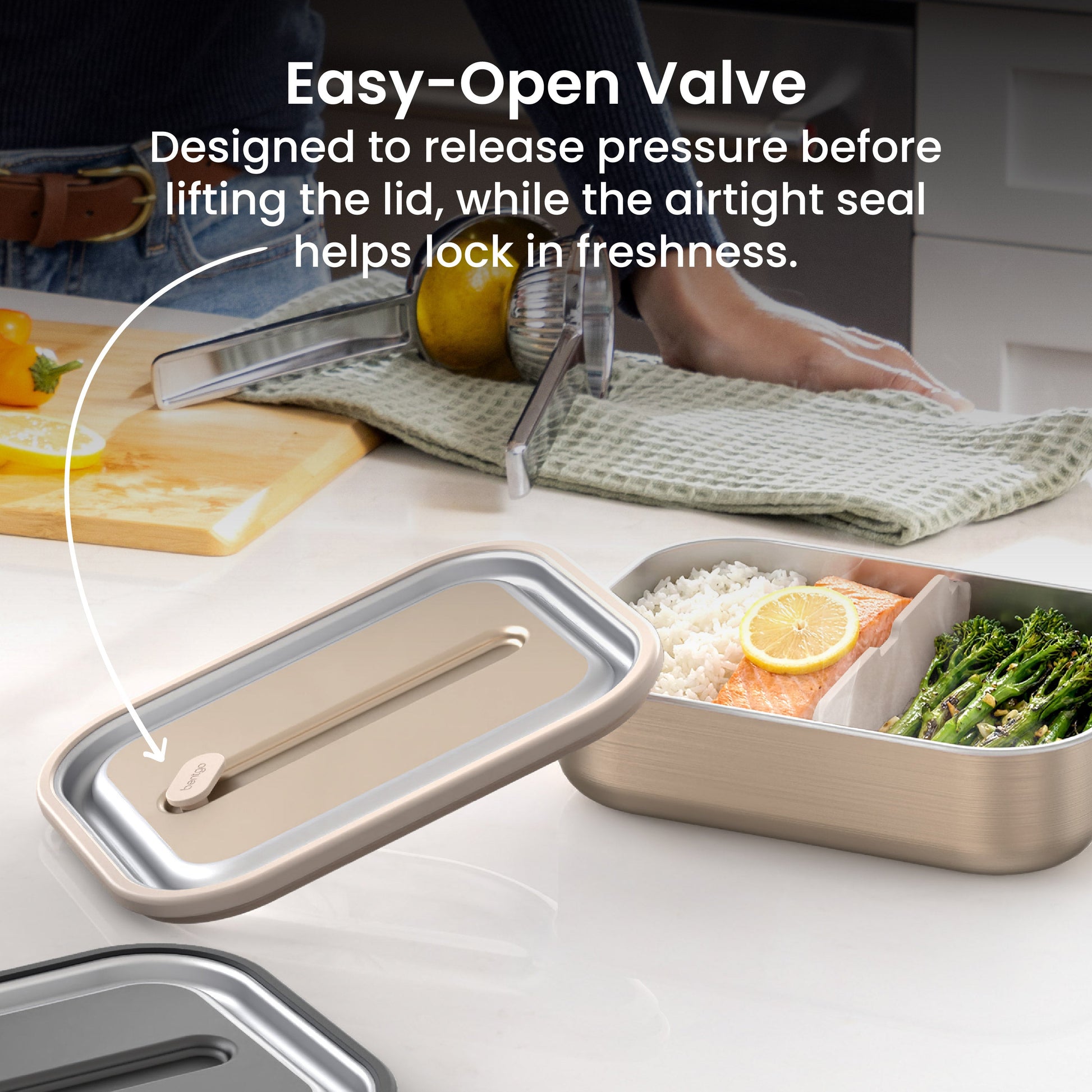 Bentgo® MicroSteel Lunch Box - Gold | Easy-Open Valve - Designed To Release Pressure Before Lifting The Lid, While The Airtight Seal Helps Lock In Freshness
