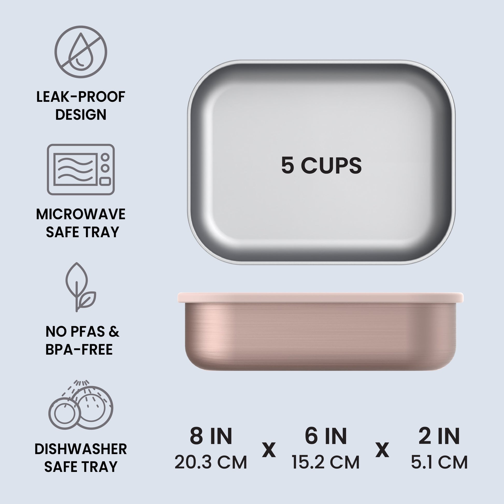 Bentgo® MicroSteel Lunch Box - Rose Gold | Leak-Proof Design, Microwave Safe Tray, No PFAs & BPA-Free, And Dishwasher Safe Tray | Product Dimensions