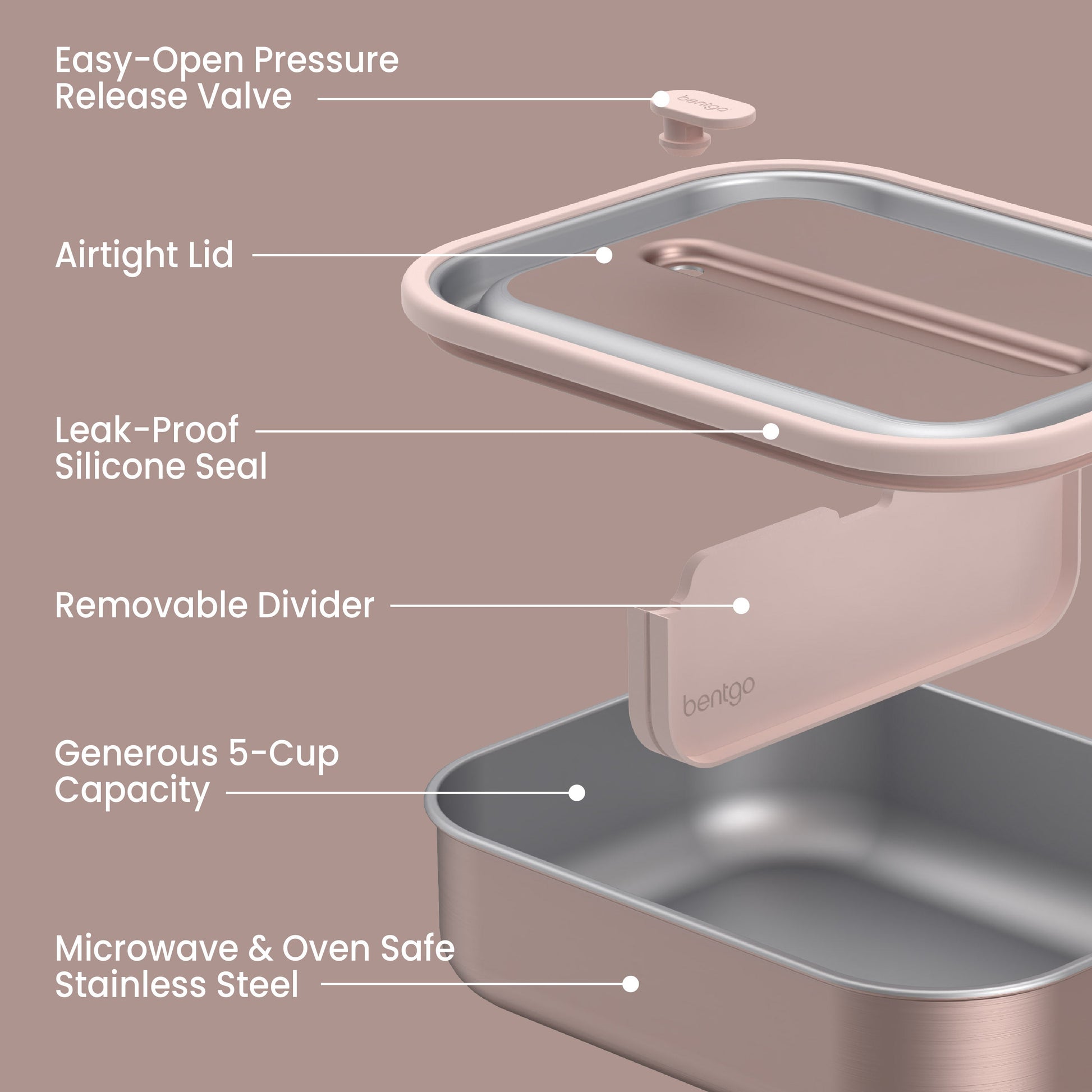 Bentgo® MicroSteel Lunch Box - Rose Gold | Easy-Open Pressure Release Valve, Airtight Lid, Leak-Proof Silicone Seal, Removable Divider, Generous 5-Cup Capacity, And Microwave & Oven Safe Stainless Steel
