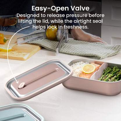 Bentgo® MicroSteel Lunch Box - Rose Gold | Easy-Open Valve - Designed To Release Pressure Before Lifting The Lid, While The Airtight Seal Helps Lock In Freshness