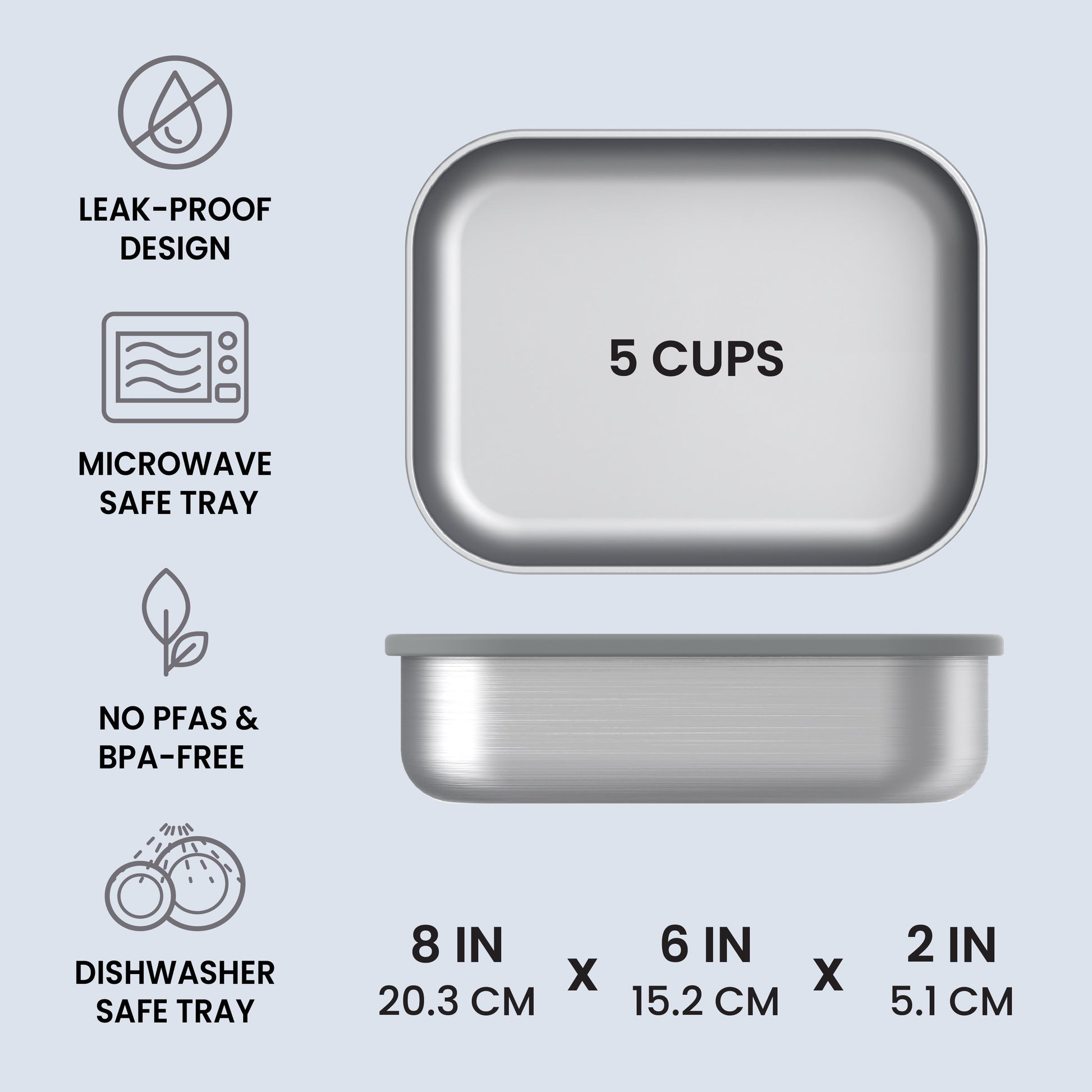 Bentgo® MicroSteel Lunch Box - Stainless Steel | Leak-Proof Design, Microwave Safe Tray, No PFAs & BPA-Free, And Dishwasher Safe Tray | Product Dimensions