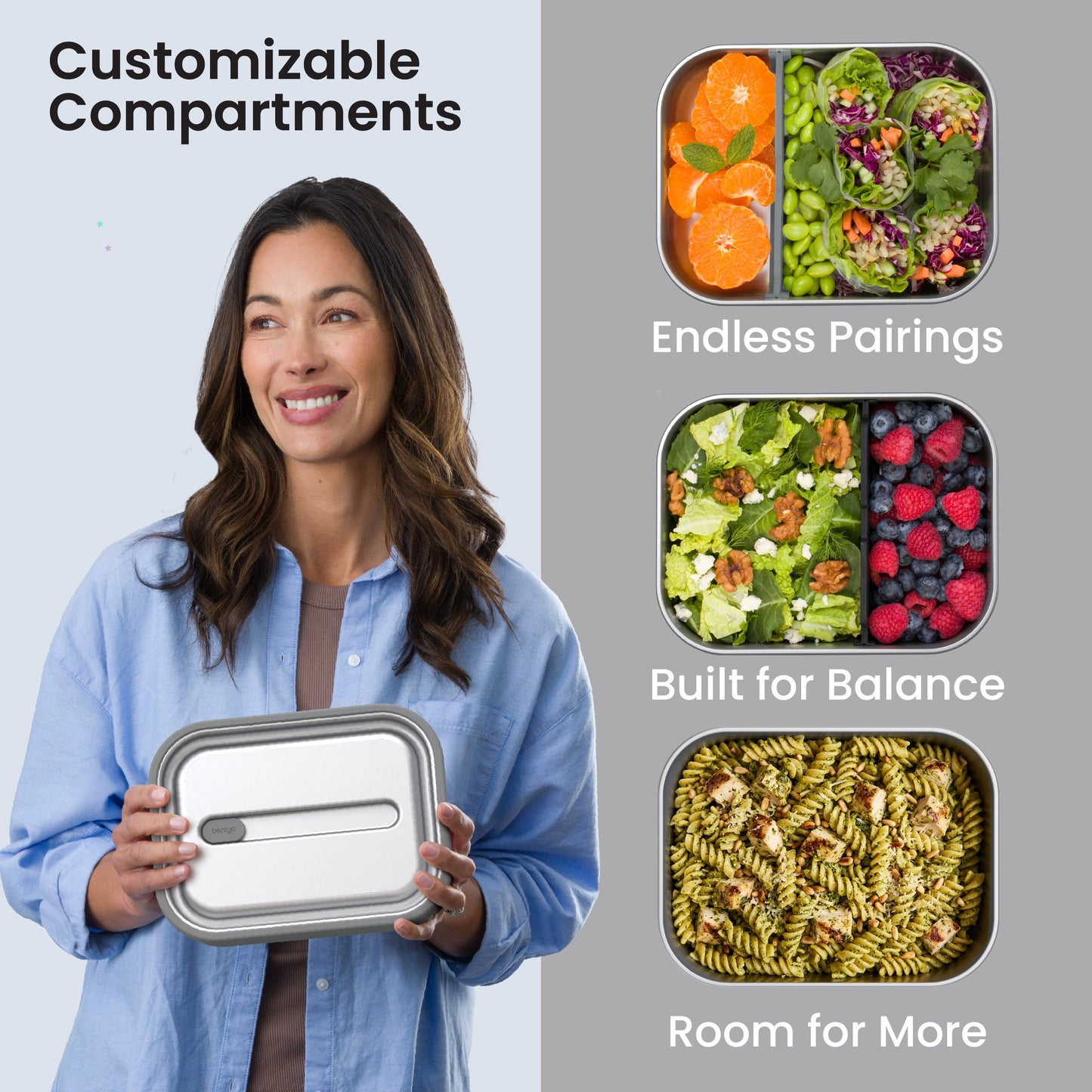 Bentgo® MicroSteel Lunch Box - Stainless Steel | Customizable Compartments - Endless Pairings, Built For Balance, And Room For More