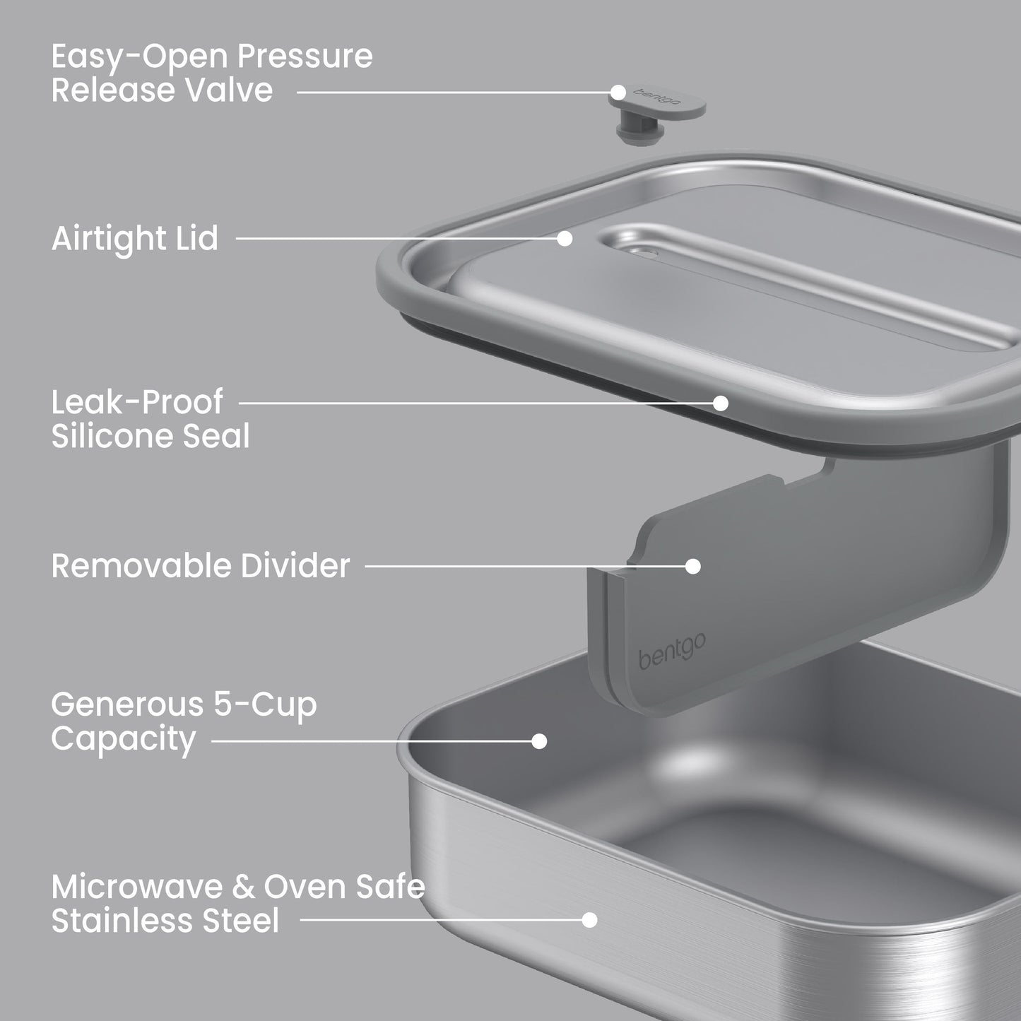 Bentgo® MicroSteel Lunch Box - Stainless Steel | Easy-Open Pressure Release Valve, Airtight Lid, Leak-Proof Silicone Seal, Removable Divider, Generous 5-Cup Capacity, And Microwave & Oven Safe Stainless Steel