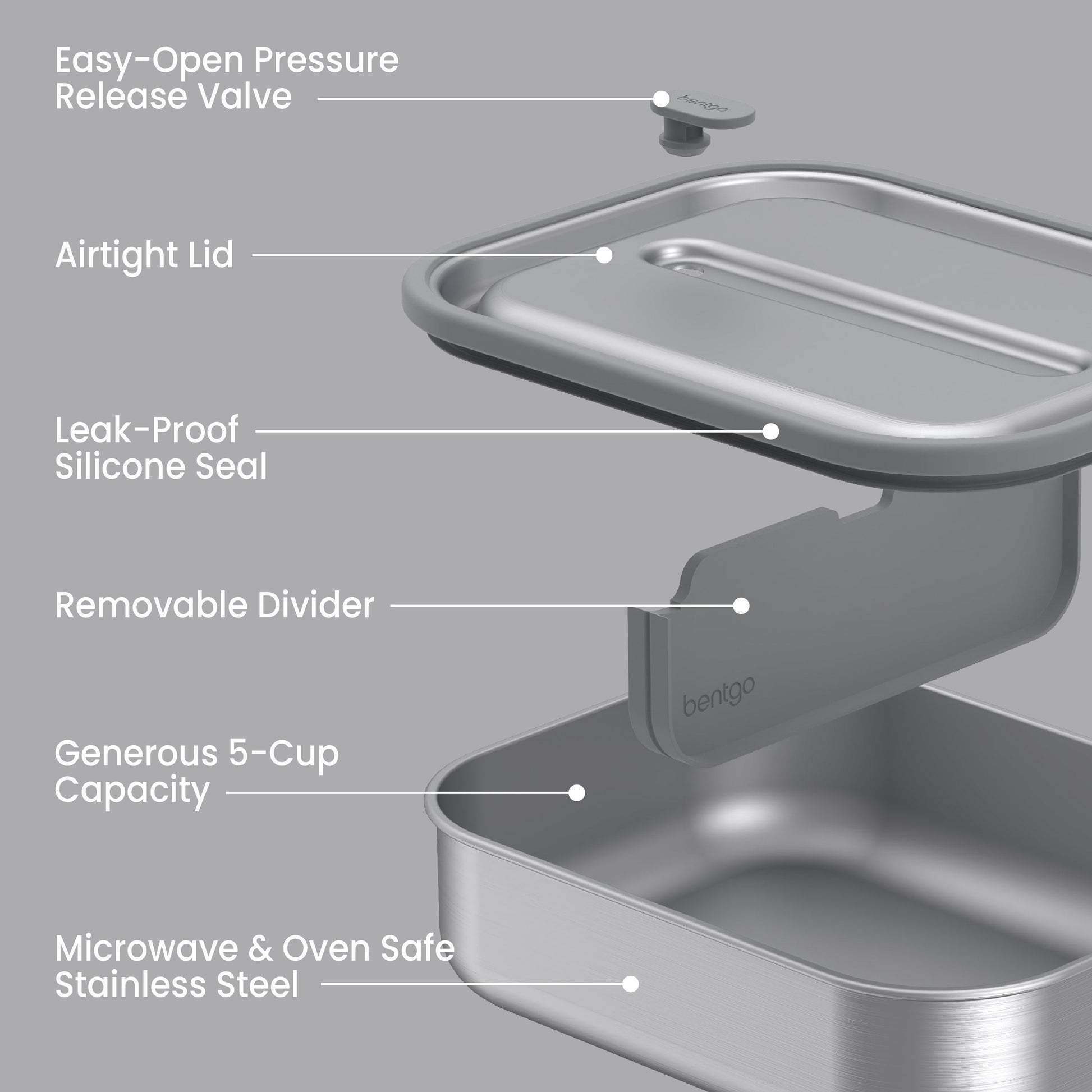 Bentgo® MicroSteel Lunch Box - Stainless Steel | Easy-Open Pressure Release Valve, Airtight Lid, Leak-Proof Silicone Seal, Removable Divider, Generous 5-Cup Capacity, And Microwave & Oven Safe Stainless Steel