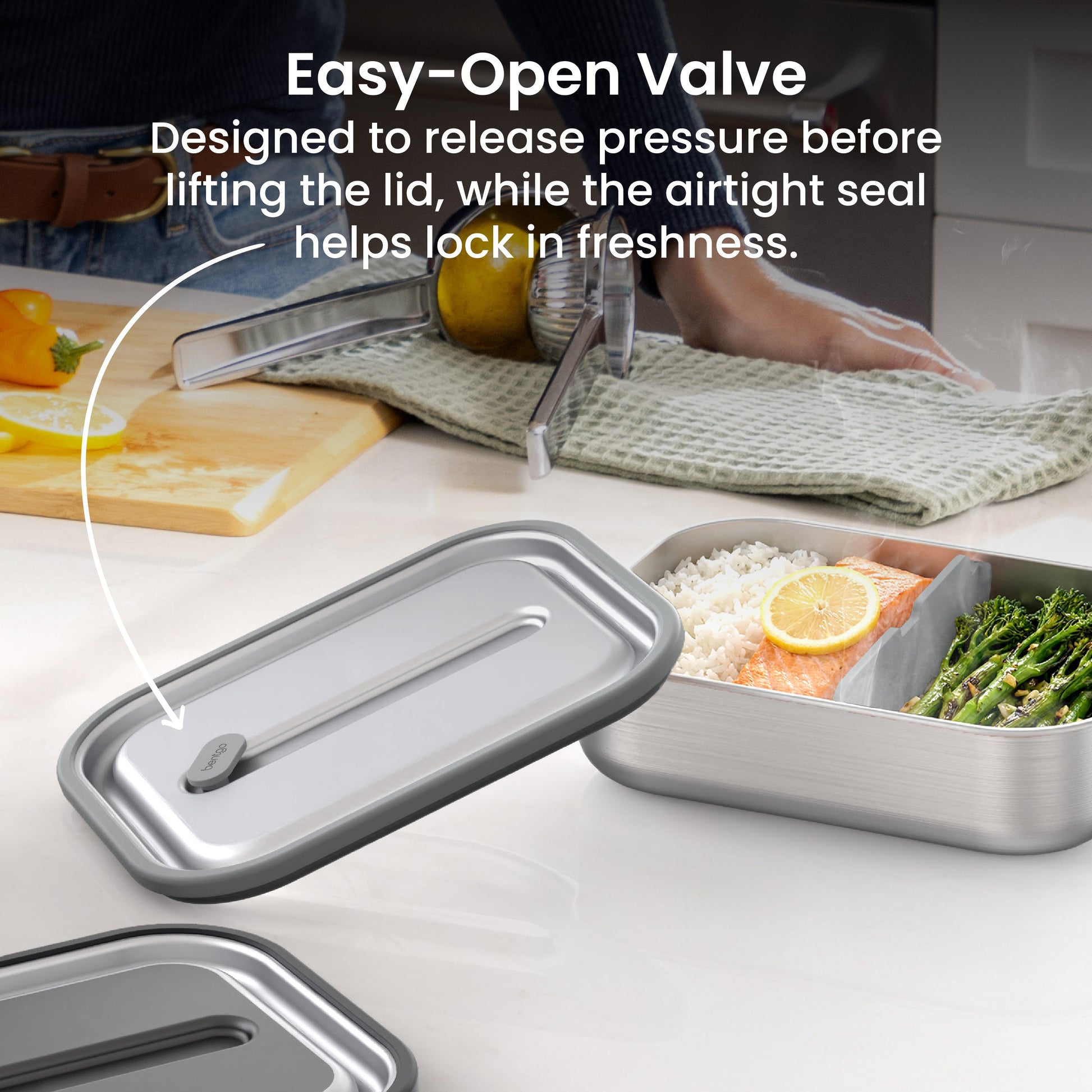 Bentgo® MicroSteel Lunch Box - Stainless Steel | Easy-Open Valve - Designed To Release Pressure Before Lifting The Lid, While The Airtight Seal Helps Lock In Freshness