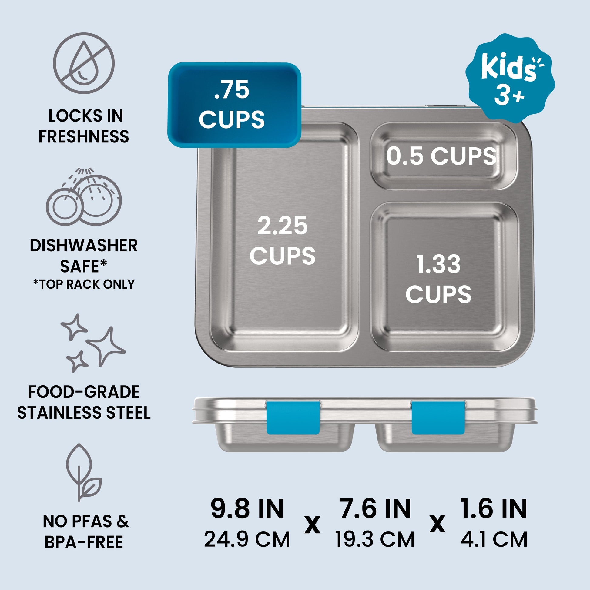 Bentgo® Kids Stainless Steel Prints Lunch Box - Dinosaur | Locks In Freshness, Dishwasher Safe (Top Rack Only), Food-Grade Stainless Steel, and No PFAS & BPA-Free | Product Dimensions