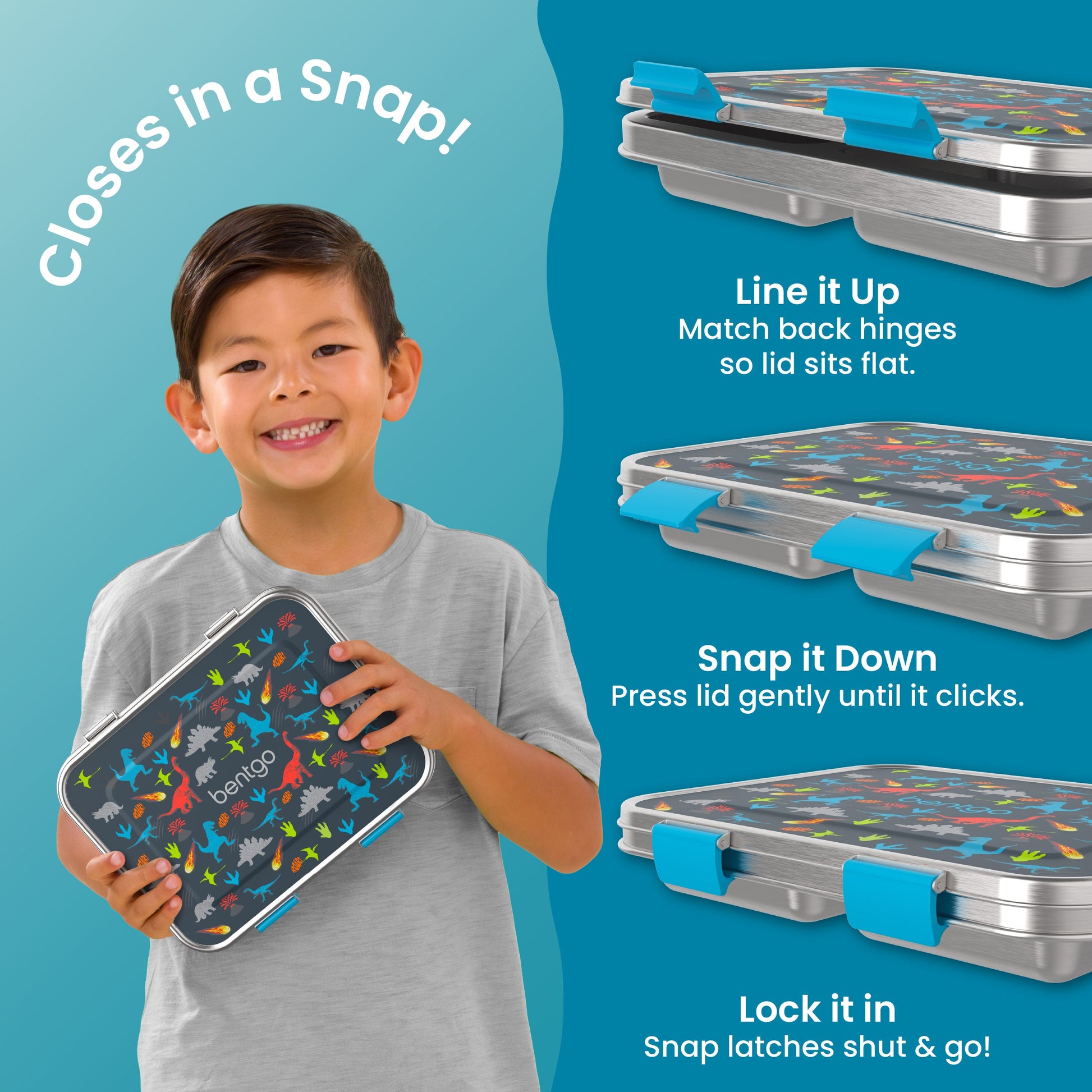 Bentgo® Kids Stainless Steel Prints Lunch Box - Dinosaur | Closes in a Snap | Line It Up - Match Back Hinges So Lid Sits Flat, Snap It Down - Press Lid Gently Until It Clicks, Lock It In - Snap Latches Shut & Go