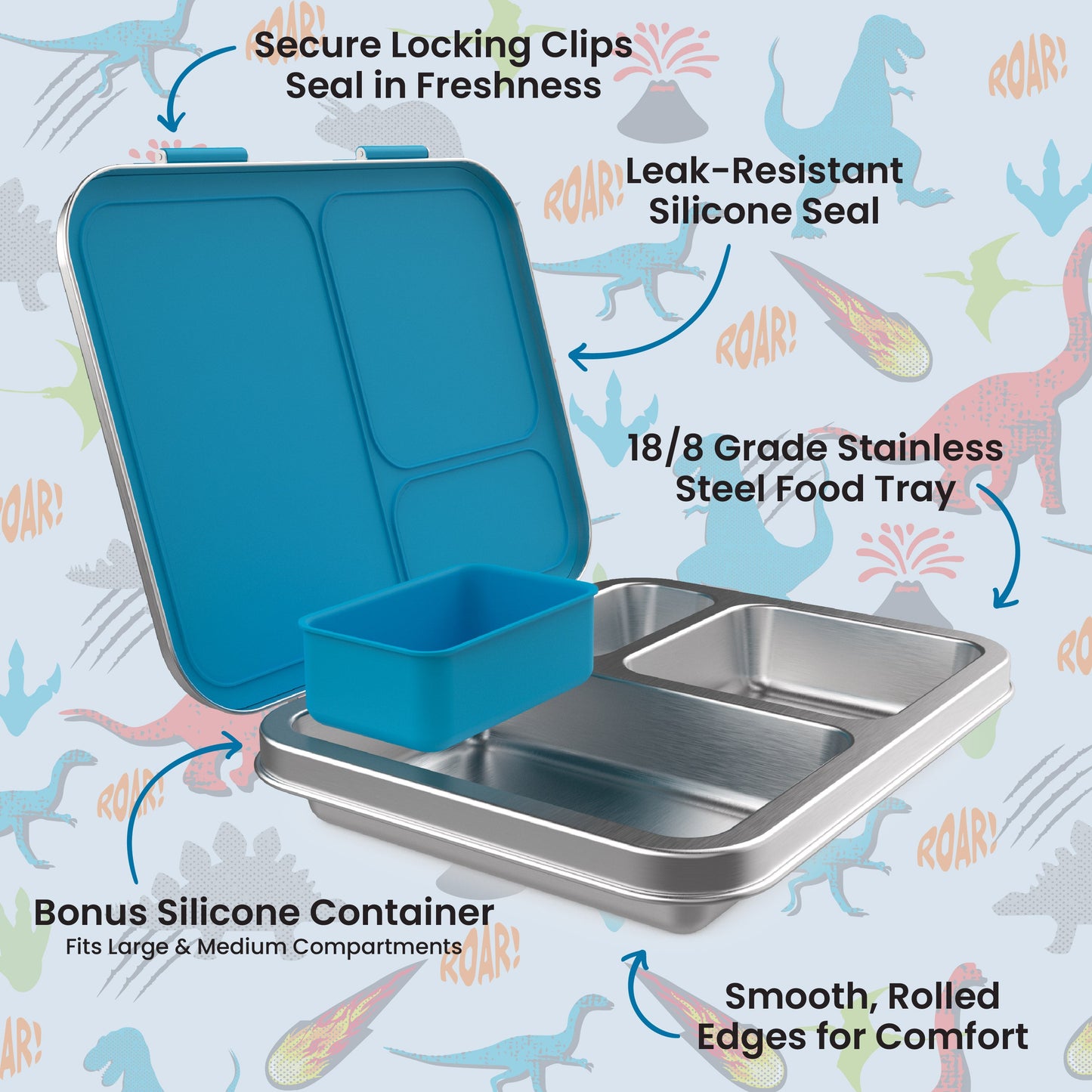 Bentgo® Kids Stainless Steel Prints Lunch Box - Dinosaur | Secure Locking Clips - Seals In Freshness, Leak-Resistant Silicone Seal, 18/8 Grade Stainless Steel Food Tray, Smooth Rolled Edges For Comfort, Bonus Silicone Container - Fits Large & Medium Compartments