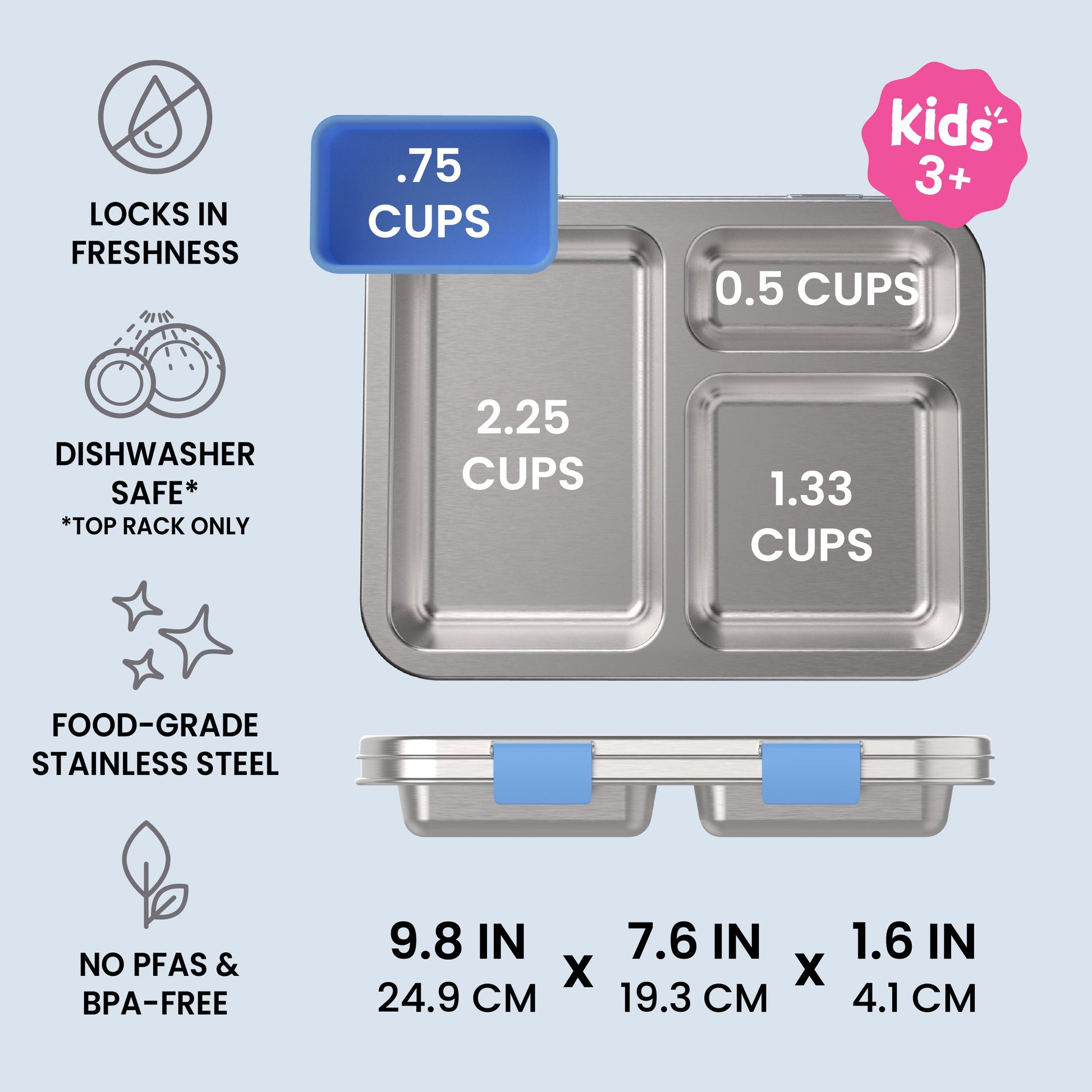 Bentgo® Kids Stainless Steel Prints Lunch Box - Rainbows and Butterflies | Locks In Freshness, Dishwasher Safe (Top Rack Only), Food-Grade Stainless Steel, and No PFAS & BPA-Free | Product Dimensions