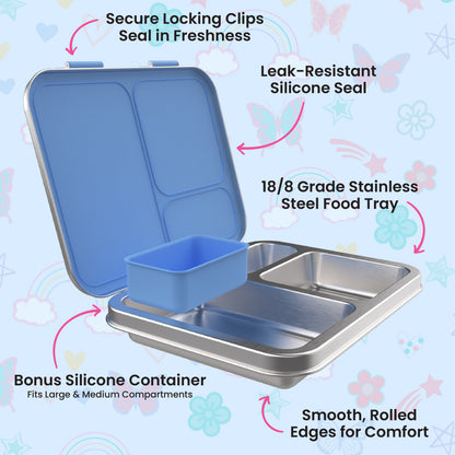 Bentgo® Kids Stainless Steel Prints Lunch Box - Rainbows and Butterflies | Secure Locking Clips - Seals In Freshness, Leak-Resistant Silicone Seal, 18/8 Grade Stainless Steel Food Tray, Smooth Rolled Edges For Comfort, Bonus Silicone Container - Fits Large & Medium Compartments
