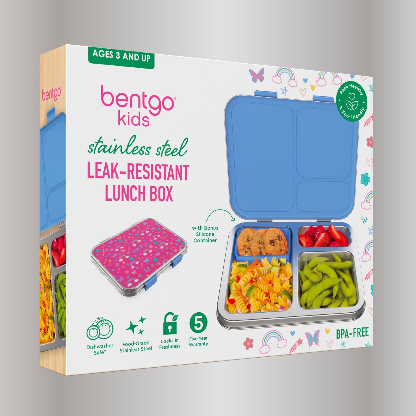 Bentgo® Kids Stainless Steel Prints Lunch Box - Rainbows and Butterflies | Packaging